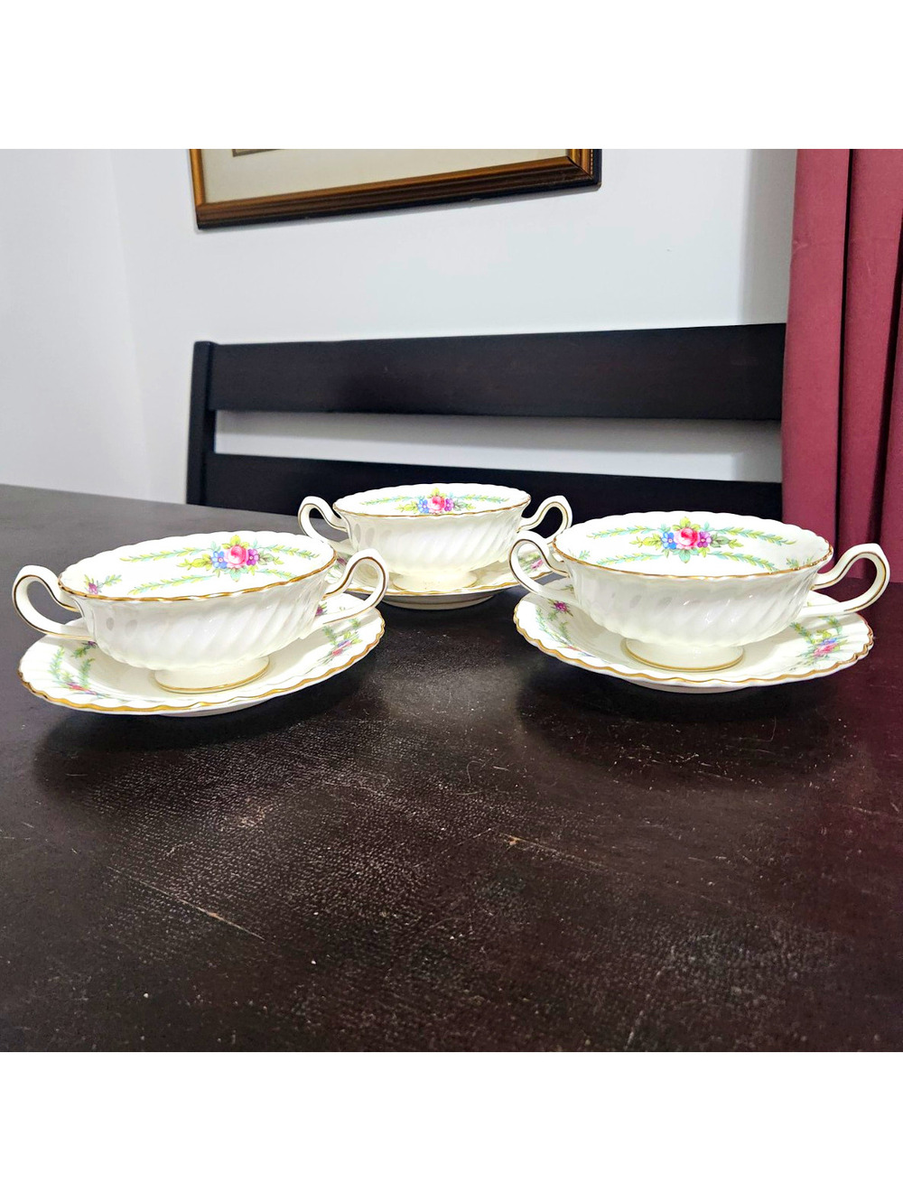 Minton Chiltern 3 Porcelain Floral Soup Bowl & Saucer Set Two Handled Gold Trim
